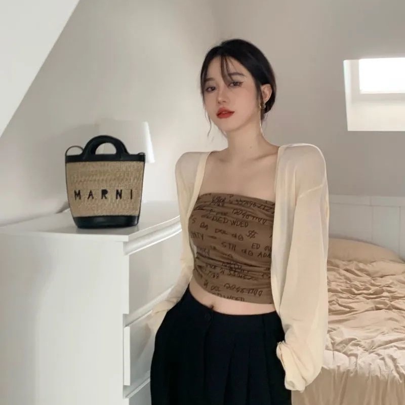 COZOK Set Áo Thun Tay Dài + Áo Khoác cardigan Sát Nách Dáng Ngắn In Chữ Trẻ Trung