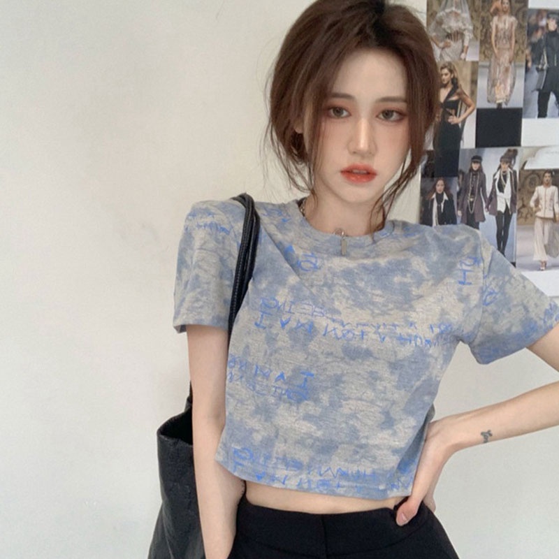 Áo thun YEYA form ngắn ngắn tay màu loang thời trang cho nữ