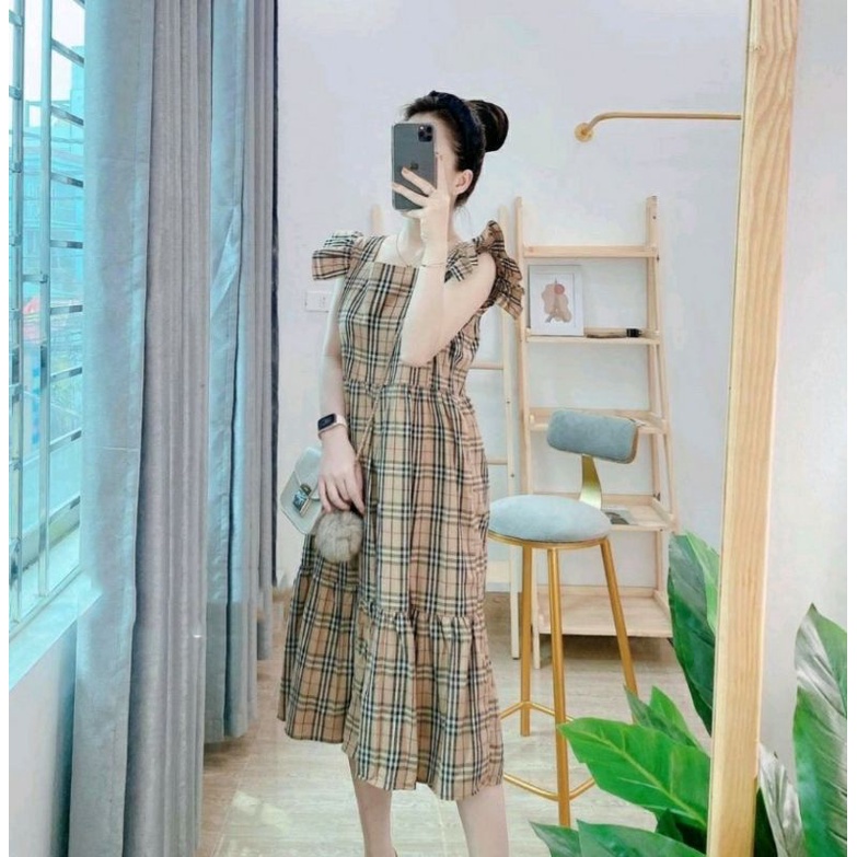 Váy Bầu Sát Nách Kẻ Caro Cánh Tiên - Đầm Bầu Suông mùa hè mặc đi chơi dễ thương V289