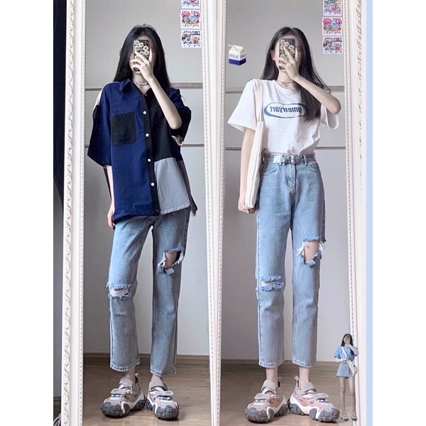 Quần baggy Jean rách ô phong cách Hàn Quốc chuẩn form. | BigBuy360 - bigbuy360.vn