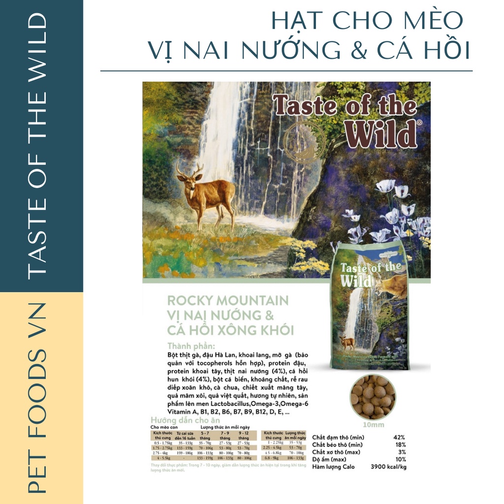 Hạt cho mèo TASTE OF THE WILD Rocky Mountain 500g vị Nai Nướng &amp; Cá Hồi Xông Khói