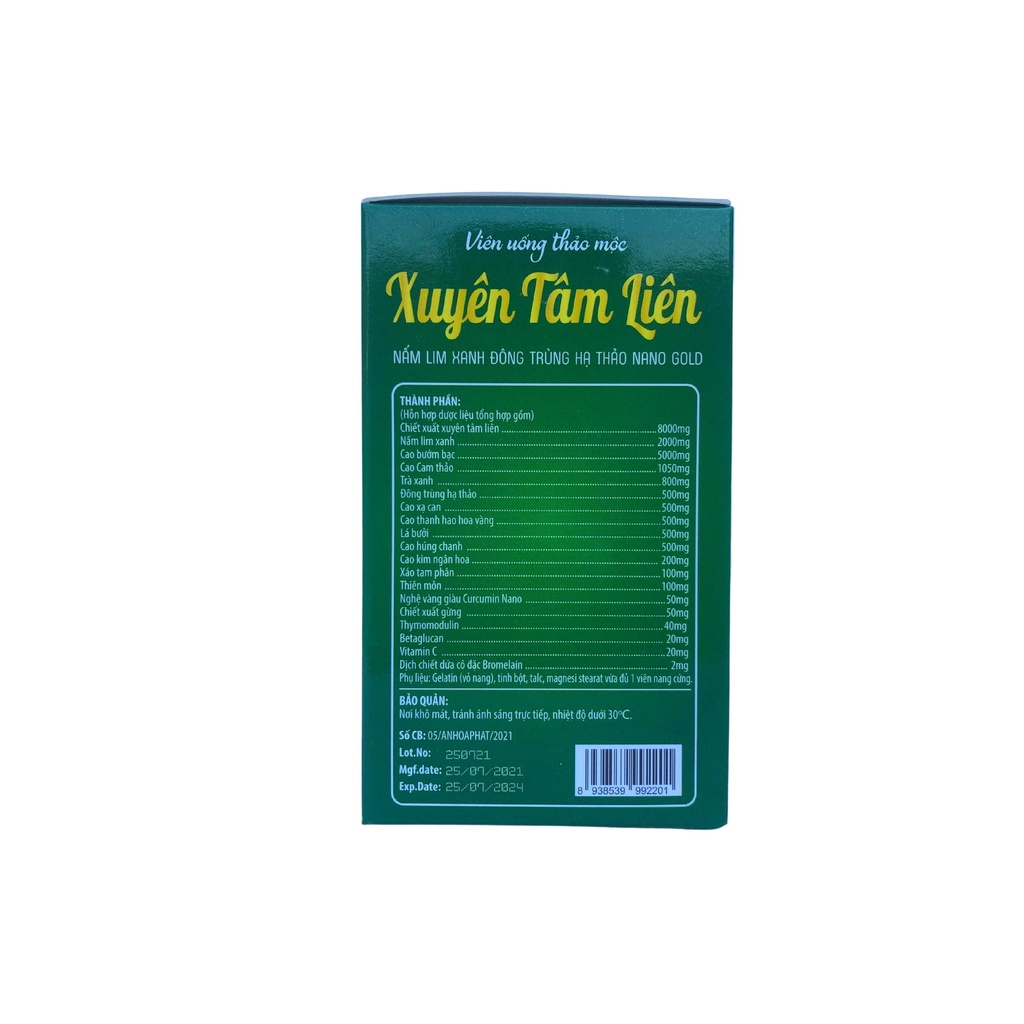 Xuyên tâm liên Nấm lim xanh Đông trùng hạ thảo Giúp tăng cường sức đề kháng hô hấp Tăng miễn dịch cho cơ thể Hộp 30 Viên