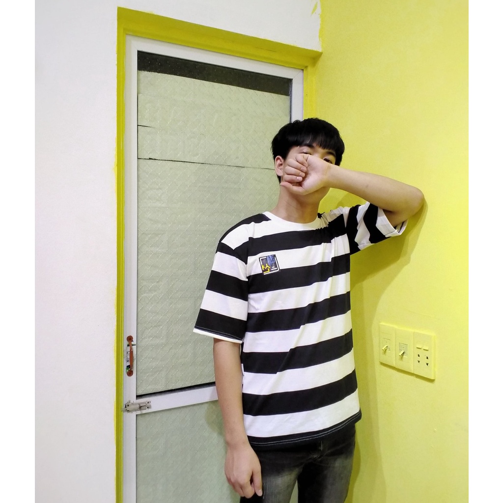 Áo thun unisex tay lỡ form rộng ,sọc ngang đen trắng | BigBuy360 - bigbuy360.vn