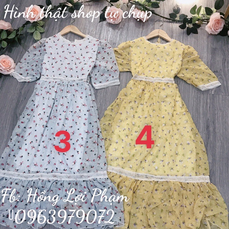 Đầm hoa nhí pha ren tay phồng đuôi cá