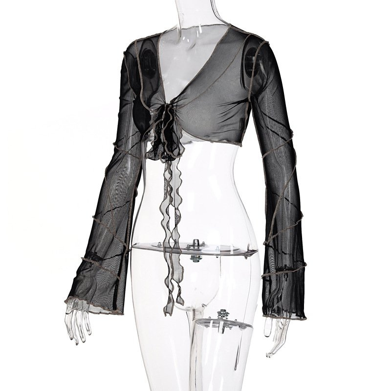 Áo Kiểu Dài Tay Cổ Chữ V Phối Nơ Xinh Xắn Cho Nữ