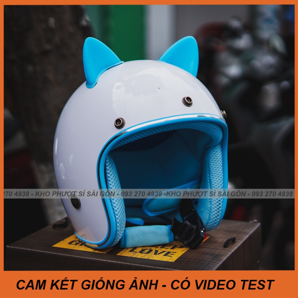 Mũ nón bảo hiểm 3/4 trắng lót xanh tặng kèm tai mèo nhựa siêu cute đi phượt cho nữ hotgirl