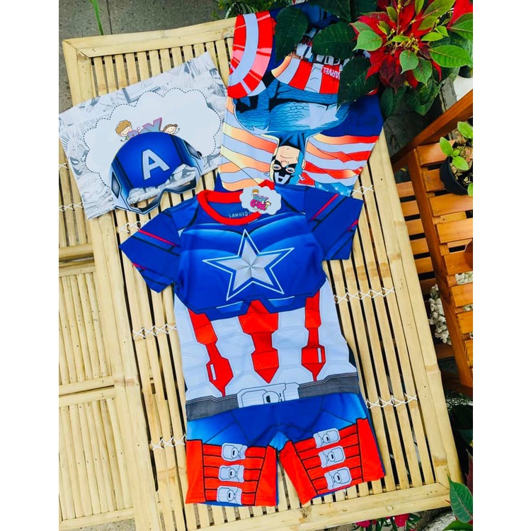Quần áo Đội Trưởng Mỹ - Bộ trẻ em Captain America ngắn tay - bộ đồ tặng choàng (khiên) và mặt nạ