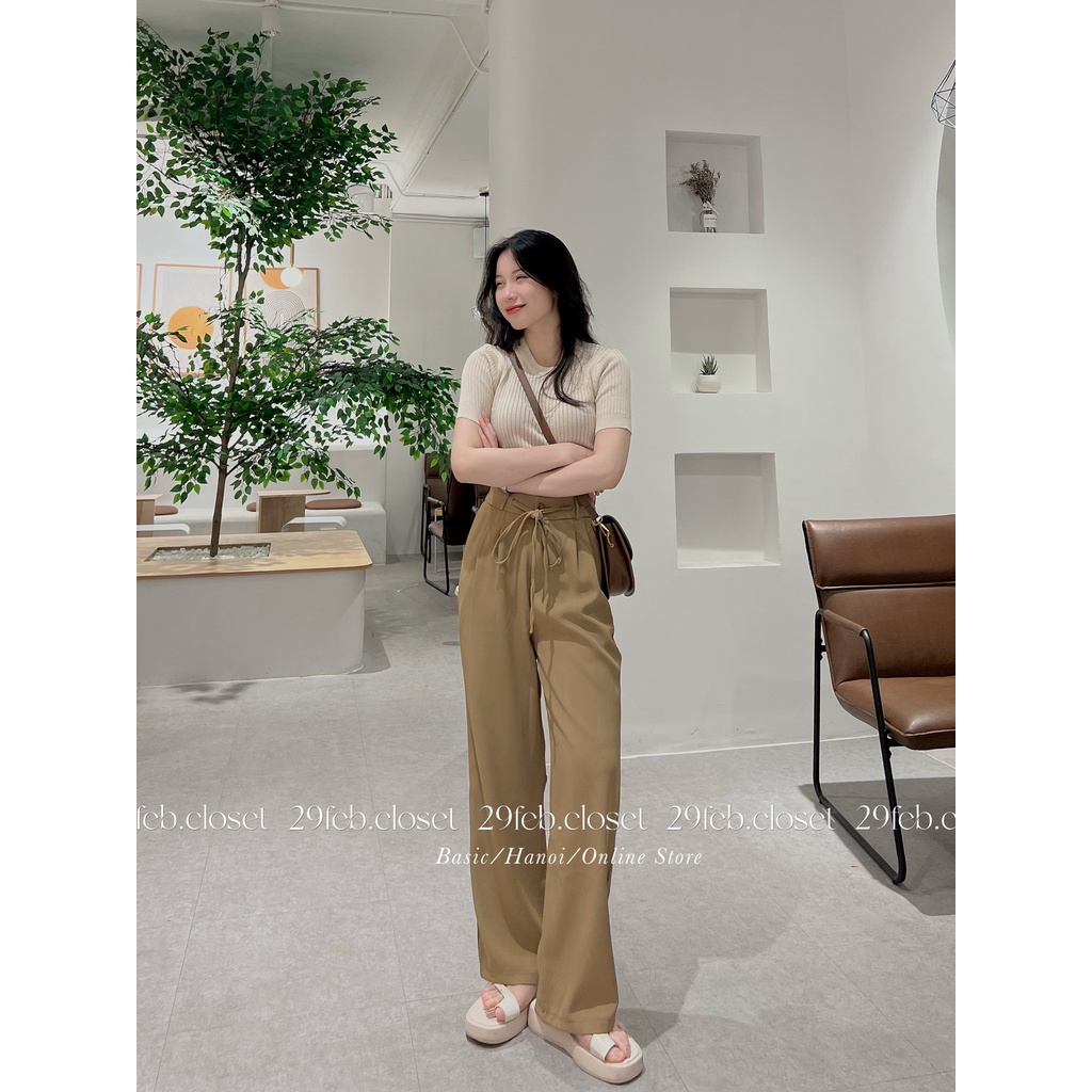 Quần ống suông 1 khuy cạp cao thắt nơ chất Ruby trượt hàn - 29feb.closet - Q38