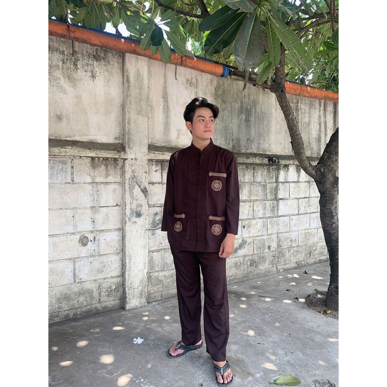 Đồ đi chùa nam thêu 3 túi cổ lãnh tụ có size 90kg tay dài