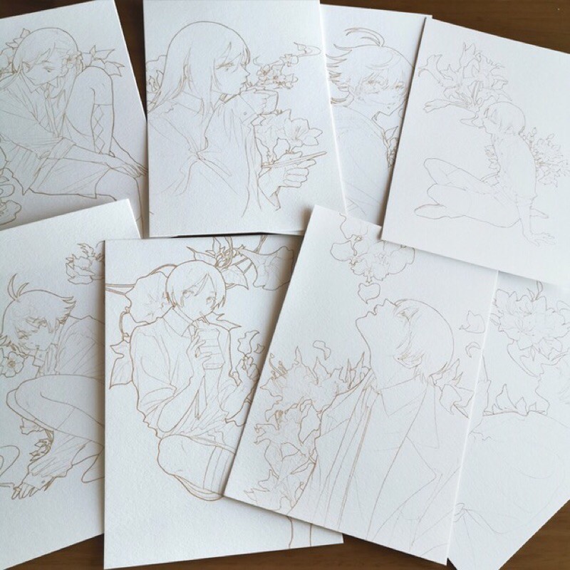 Combo Line Art tranh tô màu A5 300gsm của artist Banyan Quân, Philiko, DREAM, Angel Yêu, Chiết Thị, Hoàng Bì Tang