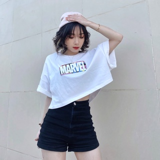 Áo Thun BOO Croptop Nữ Dáng Rộng 100%Cotton In Hình Marvel