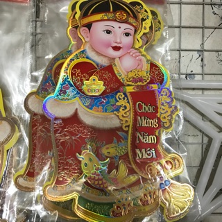 Hình dán em bé cầm dải chúc mừng năm mới