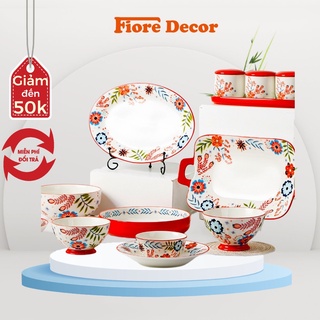 Bộ bát đĩa ăn cơm, thìa, vá và muôi, muỗng canh họa tiết hoa lá Fiore
