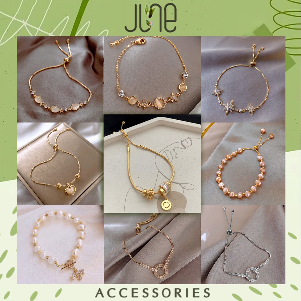 Vòng tay titan Lắc tay hạt charm đính đá hạt trai méo vintage thời trang Hàn Quốc June accessories
