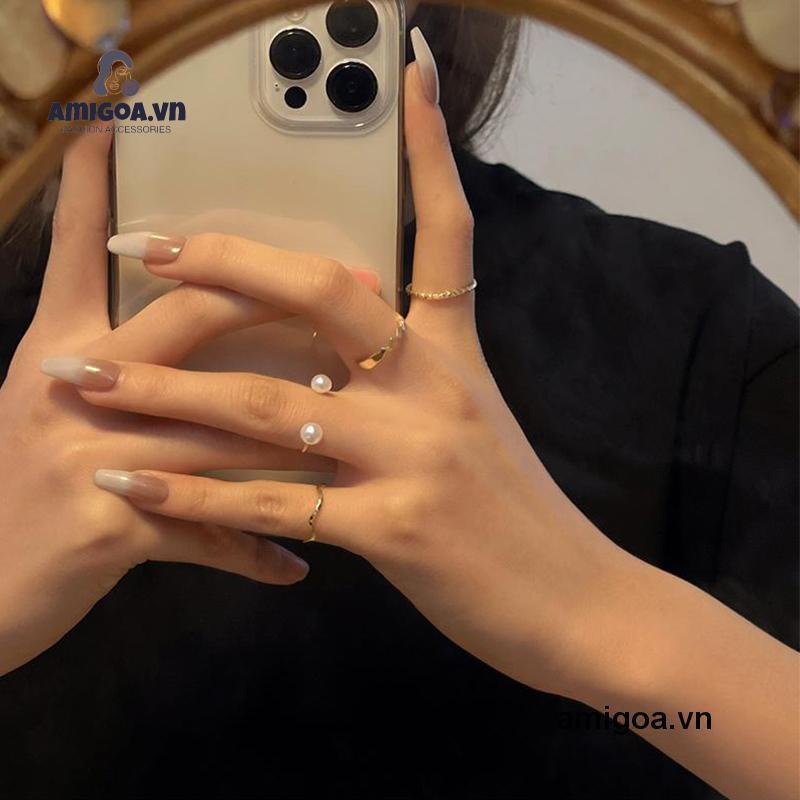 ✨✨Bộ 4 nhẫn đeo tay đính hạt ngọc trai kiểu dáng đơn giản phong cách Hàn Quốc