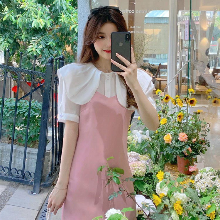 Váy đầm đen hồng cổ trắng xinh tay ngắn dáng dài nhẹ nhàng phong cách Hàn Quốc