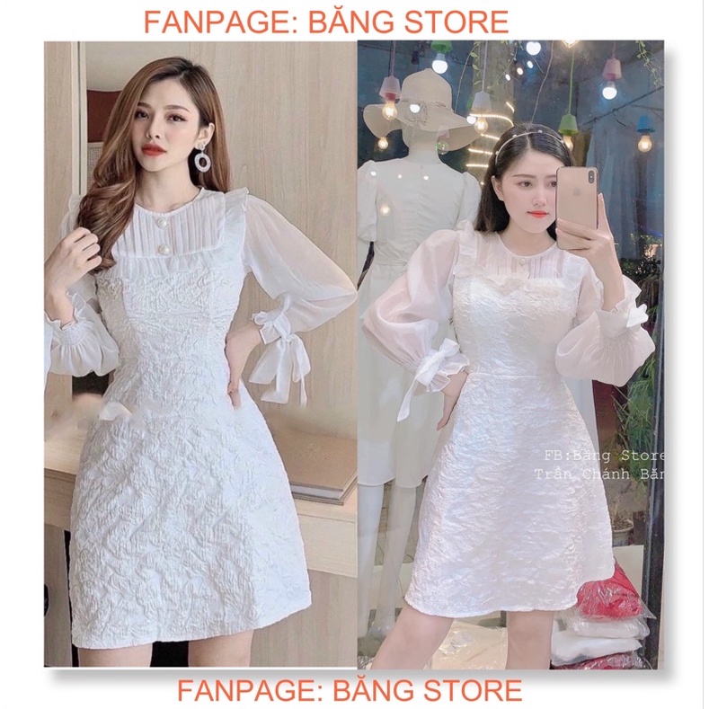 ĐẦM GẤM PHỐI CỔ VOAN TRẮNG XẾP LI TAY PHỒNG