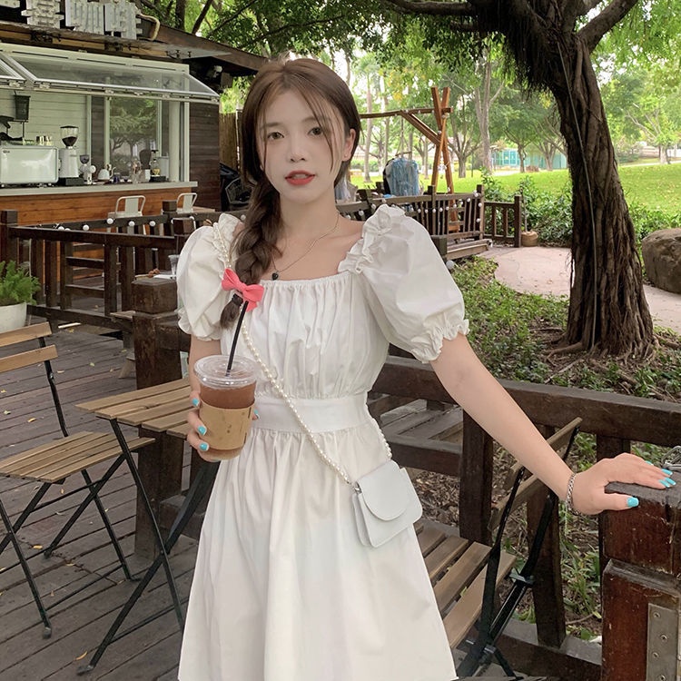 Đầm Chữ A Tay Ngắn Phồng Cổ Vuông Dáng Ôm Thời Trang Cho Nữ