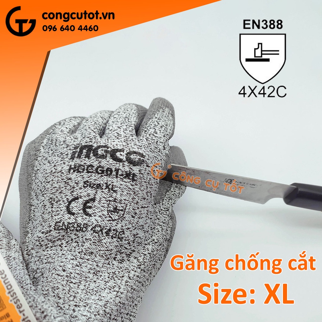 Găng tay chống cắt tráng HDPE Ingco HGCG01-XL cho thợ nhôm kính