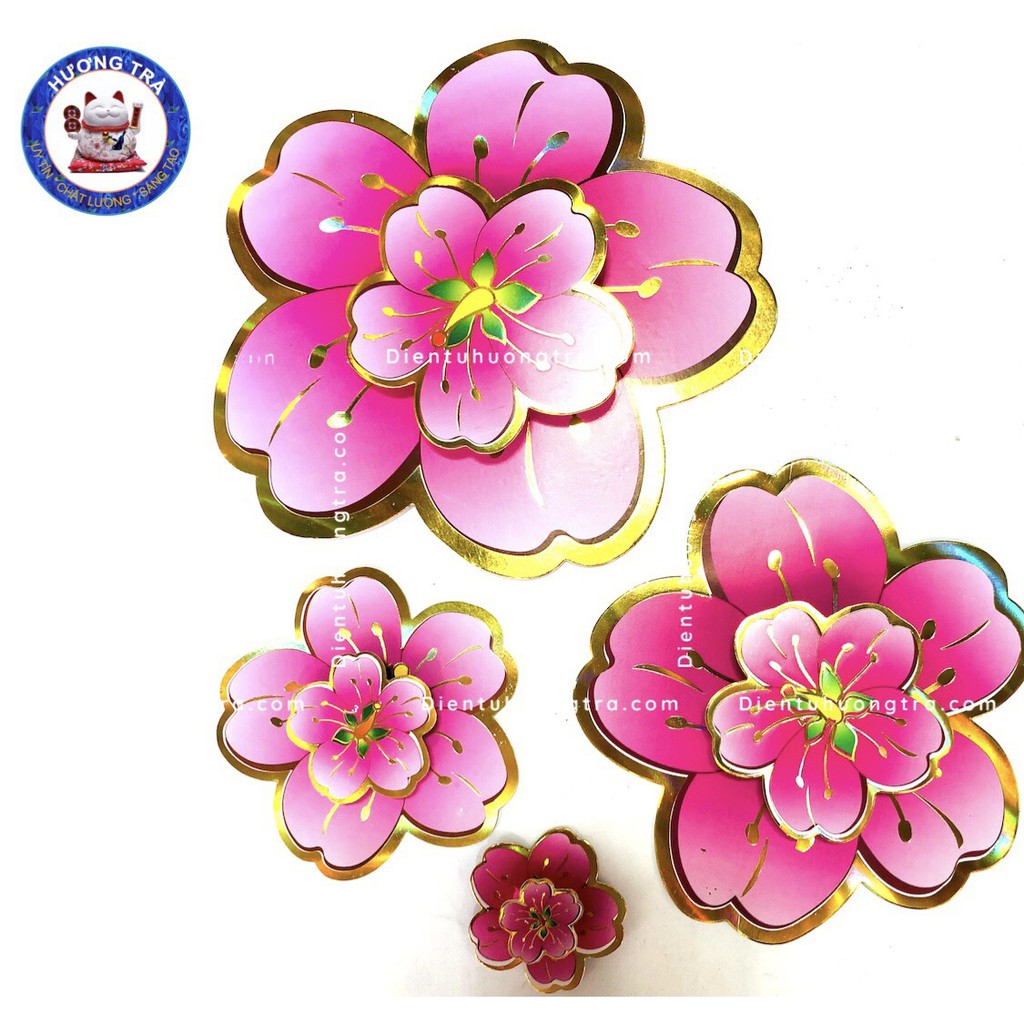 Set hoa đào/mai 3D ánh nhũ vàng trang trí tết