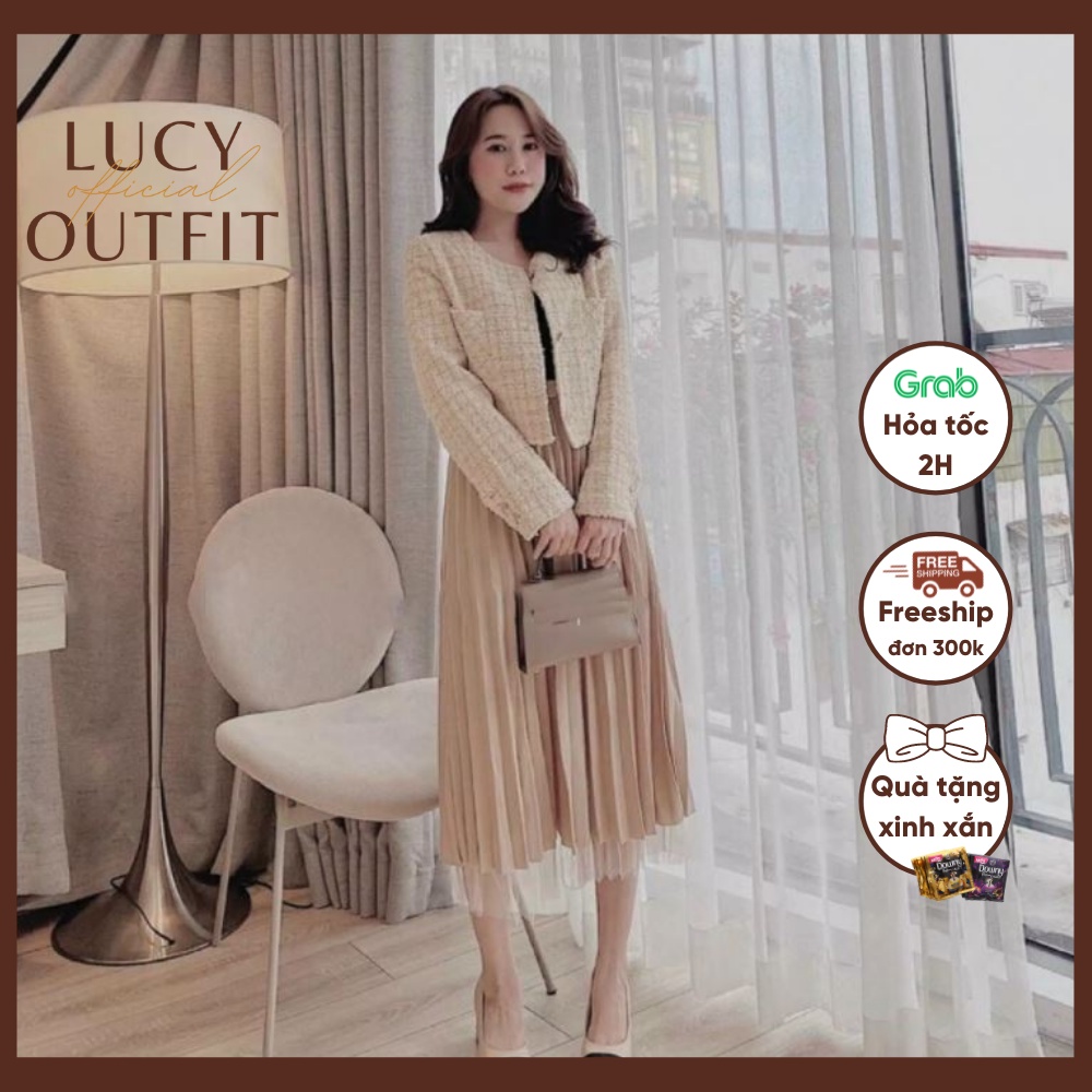 [Quà tặng là chun tóc] Chân váy xếp ly midi phối voan mặc 2 kiểu Lucy Outfit thiết kế phong cách Hàn Quốc cv lưới 2 lớp