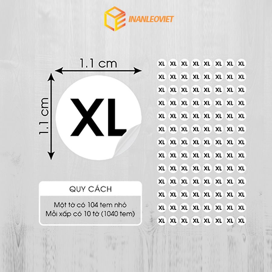 Nhãn Decal giấy In sẵn Size XS, S, M, L, XL, XXL kích thước 1.1cm chỉ cần gỡ và dán size áo, giày, dép 1 tờ 104 nhãn