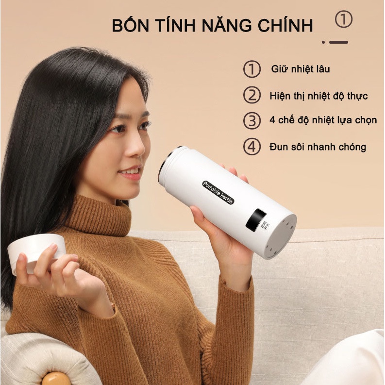 Ấm siêu tốc mini đa năng 2 trong 1 FINOSE dung tích 500ml, Bình giữ nhiệt có thể nấu nước sôi hiện thị nhiệt độ 4 chế độ
