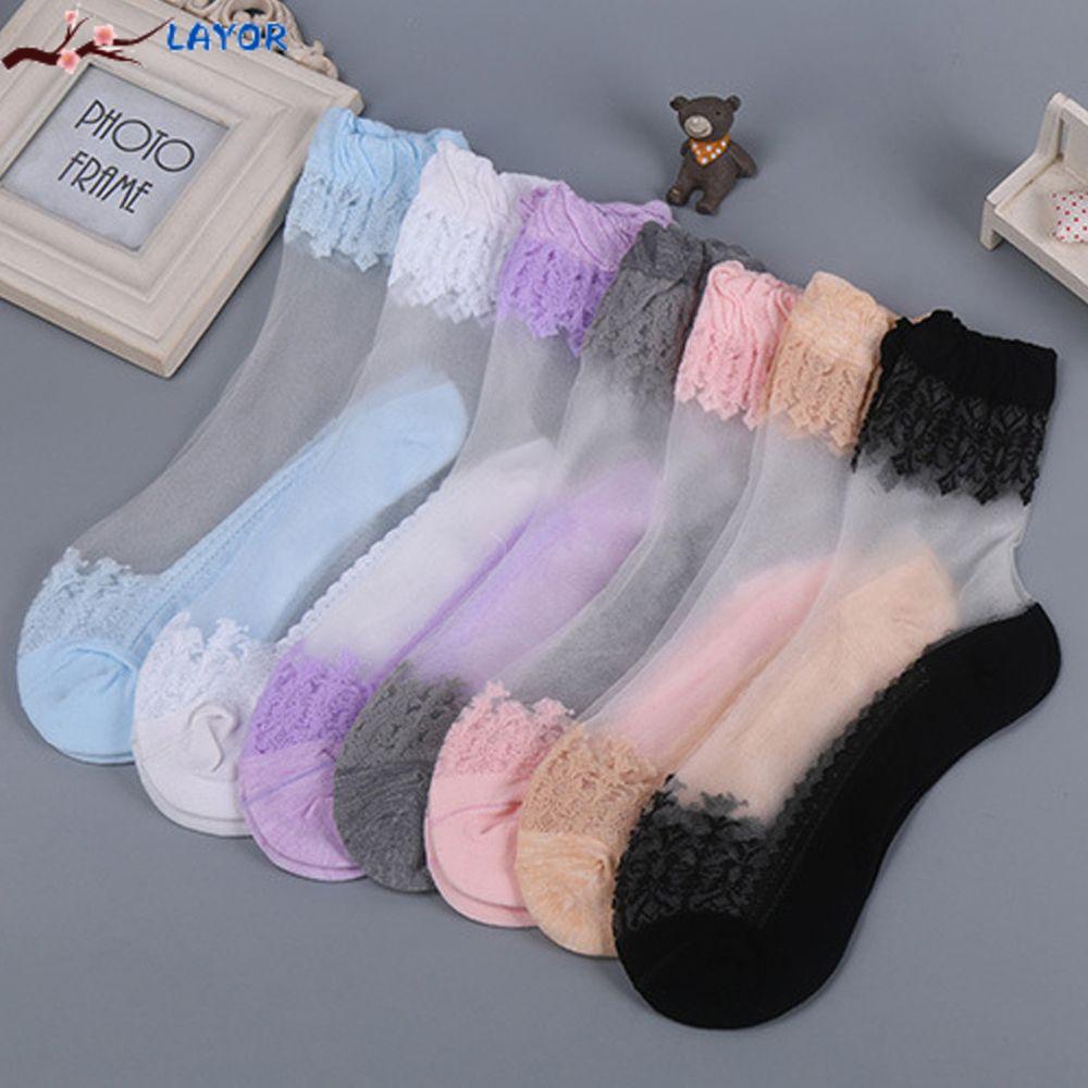 Vớ nữ phối ren cao đến mắt cá chân thoáng khí thời trang tùy chọn màu