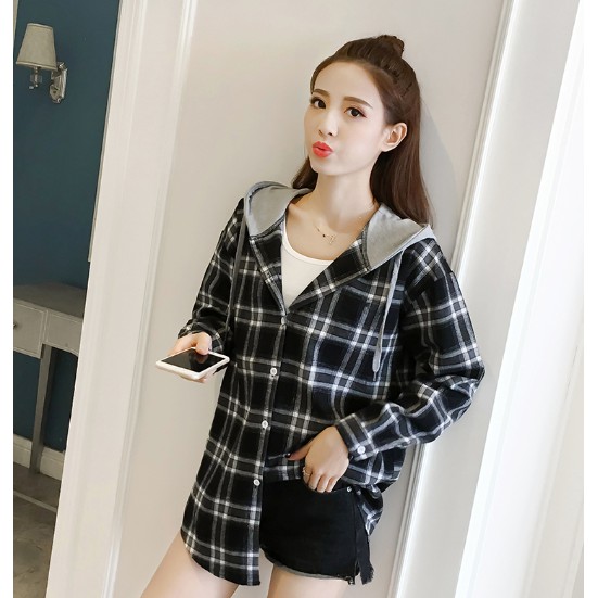 Áo Hoodie Nữ Dáng Rộng Họa Tiết Caro Phong Cách Hàn Quốc