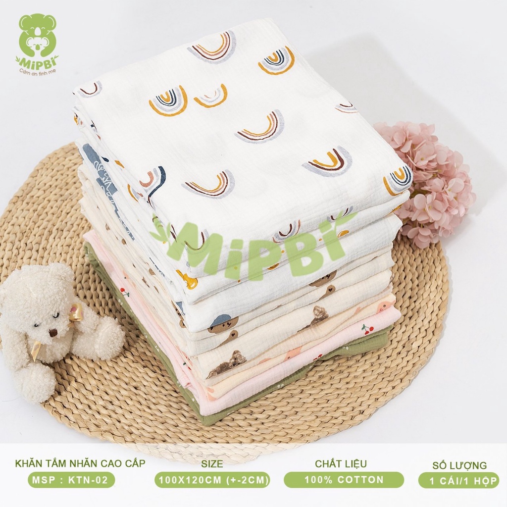 Khăn tắm nhăn cao cấp 4 lớp Mipbi kích thước 120x120cm 100% Cotton mềm mại