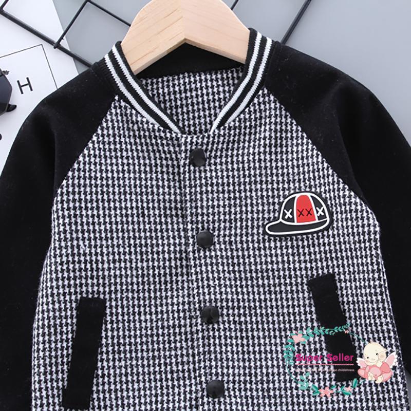 Áo khoác bóng chày vải cotton tay dài màu trơn thân áo kẻ ca rô điển thời trang dành cho bé trai