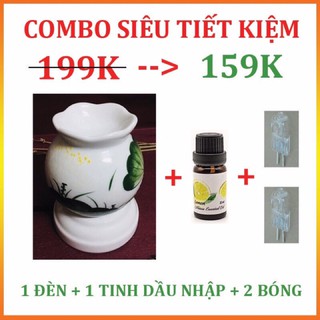 COMBO SIÊU TIẾT KIỆM với bộ đèn xông tinh dầu cao cấp Bát Tràng, tinh dầu sả chanh Pháp, 1 lọ treo khuếch tán và 1 bóng