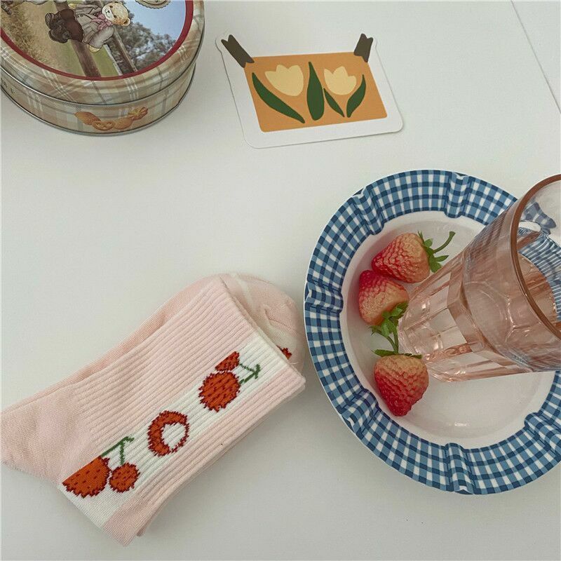 Vớ Cotton Cổ Vừa In Họa Tiết Trái Đào Dễ Thương Phong Cách Hàn Quốc Cho Nữ