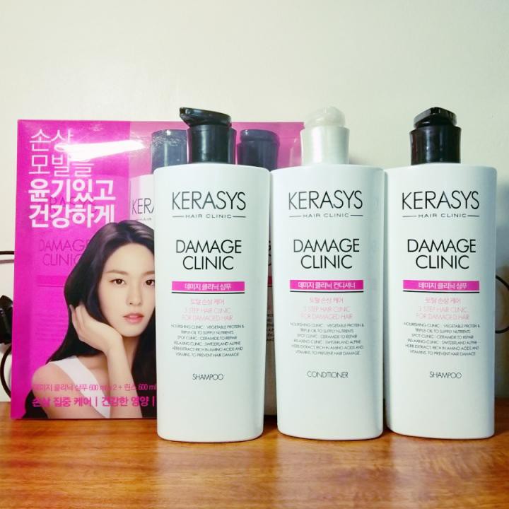Bộ dầu gội Kerasys Damage Clinic phục hồi tóc hư tổn 3x600ml (Hồng)