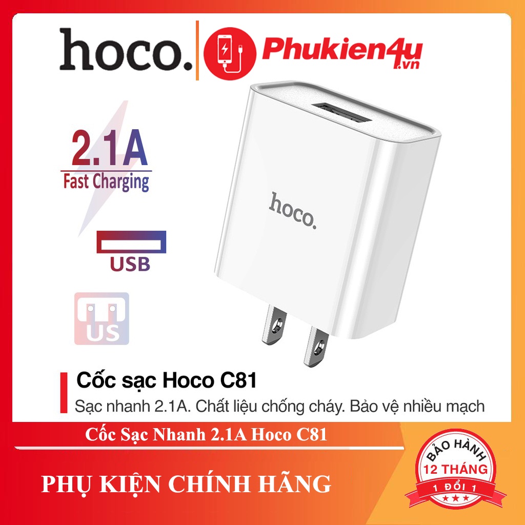 Củ Sạc Nhanh Hoco C81 2.1A Chất Liệu PVC An Toàn Cho Điện Thoại iPhone Samsung Huawei Xiaomi Oppo... HOCO