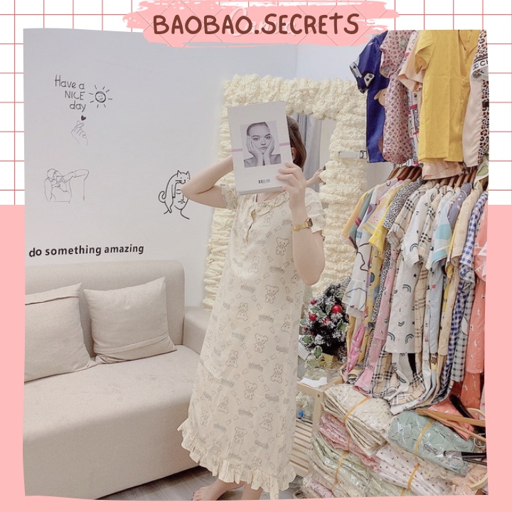 Váy ngủ pijama ngữ tay ngắn mặc nhà xinh xỉu, váy họa tiết đáng yêu chất đũi hàn cao cấp