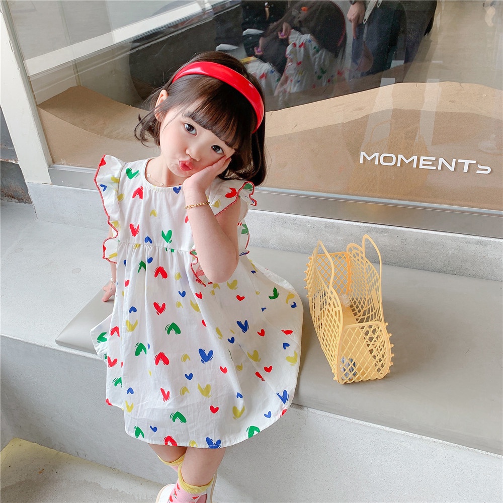 Đầm Tay Loe In Hình Trái Tim Đáng Yêu Cho Bé Gái