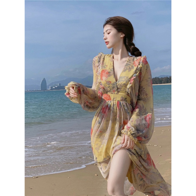 Đầm Váy Maxi Nữ Đi Biển Du Lịch Dáng Dài Tay Bồng Sẻ Tà Họa Tiết Hoa Phong Cách Nhẹ Nhàng Sexy Hàng Thiết Kế Quảng Châu