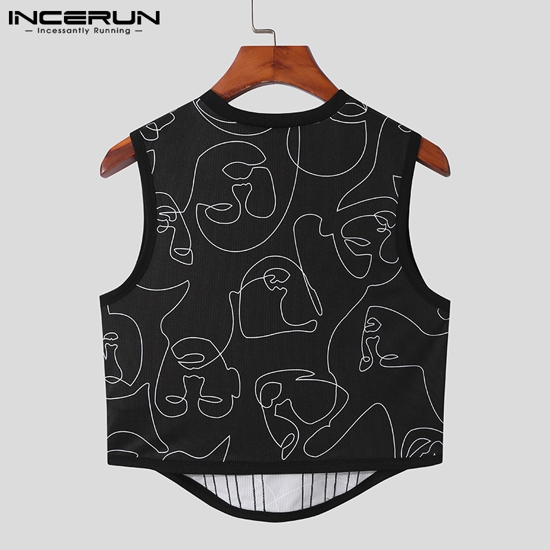 Áo croptop INCERUN sát nách cổ tròn ôm dáng in họa tiết thời trang mùa hè cho nam