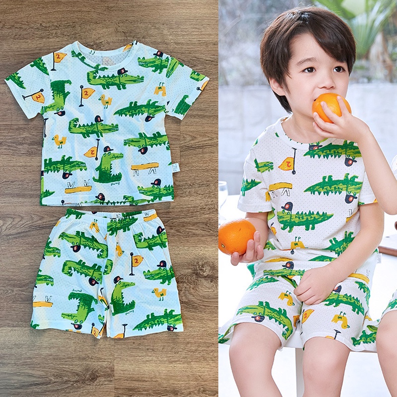 Bộ cộc tay bé trai bé gái DINOKING Bộ quần áo mặc nhà mùa hè chất cotton dập lỗ thoáng khí ngắn tay cho bé 2-8 tuổi DB11