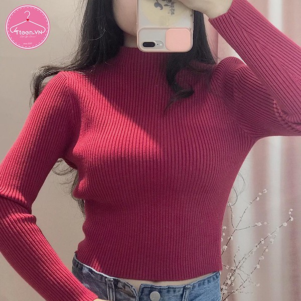 Áo croptop len tăm tay dài cổ 3 phân