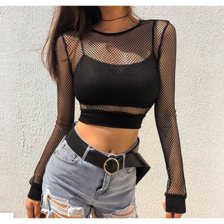 [C103] Áo croptop lưới dài tay