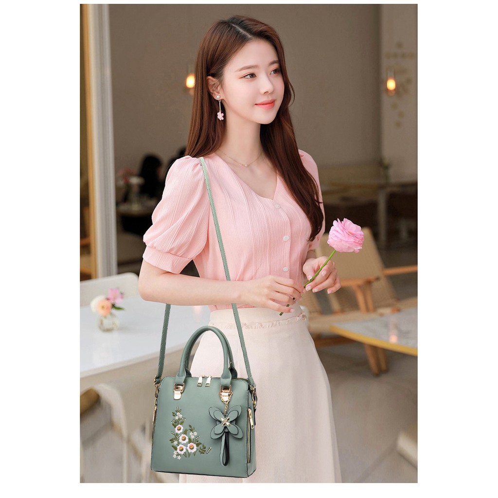 Túi Nữ Xách Tay Cao Cấp T21 Thêu Hoa Nhài - Xanh
