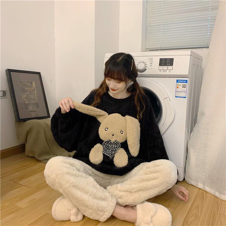 Bộ ngủ lông thỏ kute tay bồng phom rộng trẻ trung xinh xắn/ Set áo sweater lông cừu phối quần dài ống rộng 3107.STORE | BigBuy360 - bigbuy360.vn