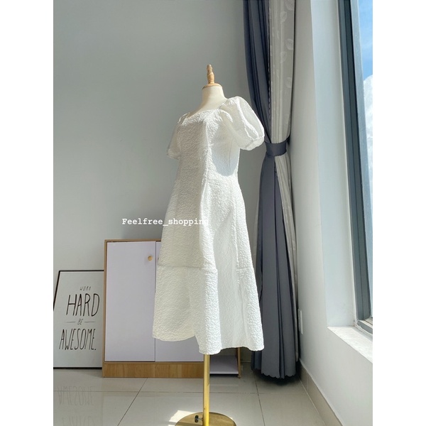 Đầm Váy Trắng Cổ Vuông Tay Ngắn Dáng Dài In Nổi 2 Lớp Mặc Đi Tiệc Đi Chơi (Hình Thật) D3283