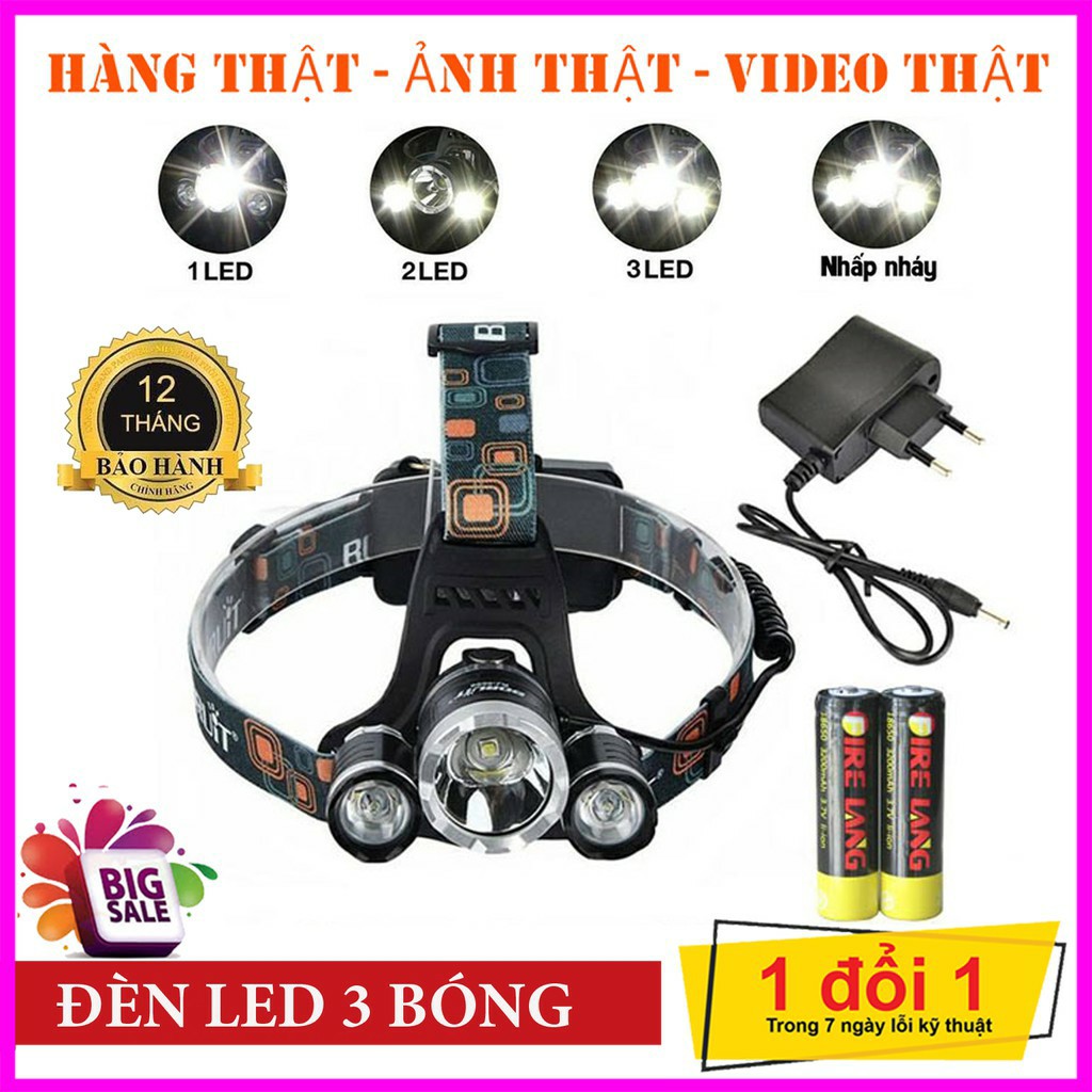 Đèn pin đội đầu 2 pin sạc 3 bóng siêu sáng chống nước  SIÊU HOT