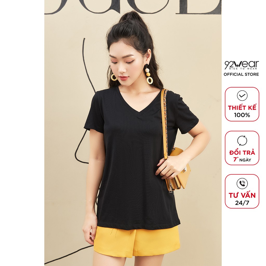 Áo phông nữ ngắn tay cổ tim 92WEAR thiết kế basic trẻ trung, chất cotton thoáng mát, thấm hút mồ hôi ATA2046