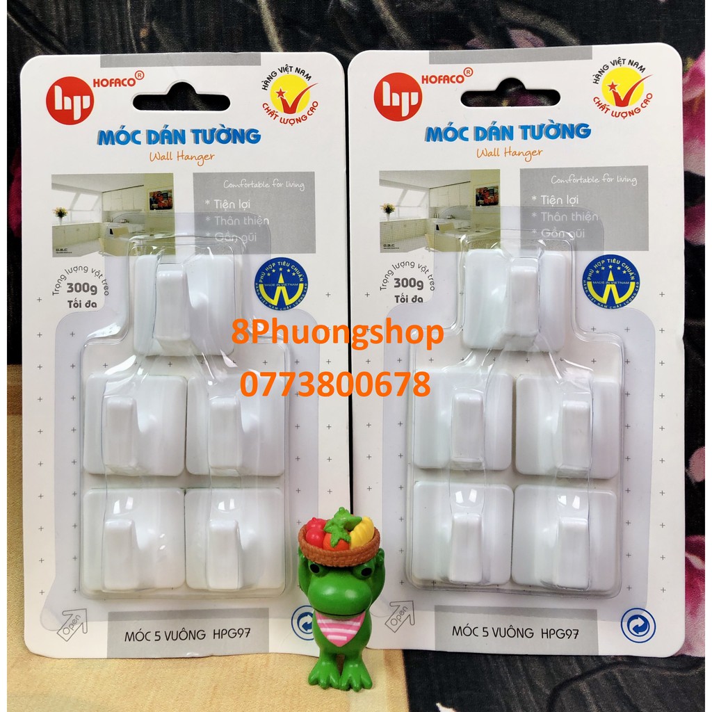 Móc dán treo tường bằng nhựa cao cấp - Móc 5 vuông HPG97 dán tường trang trí nhà cửa siêu tiện lợi