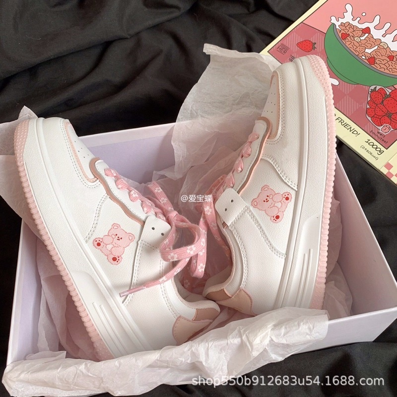 (video thật) giày nữ da mềm sneaker dây hoa in hình gấu cute