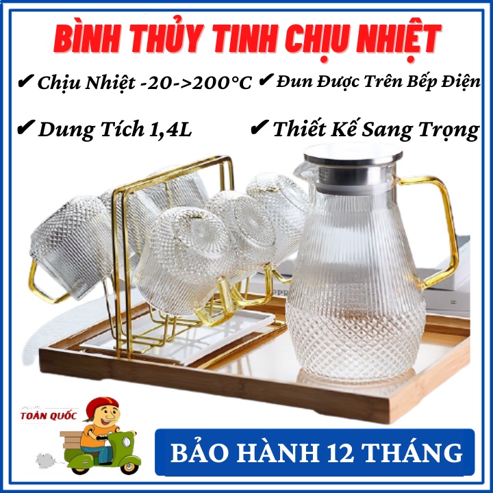 Bình Thủy Tinh Chịu Nhiệt Kèm 6 Cốc - Bình Vân Sọc Kim Cương Pha Lê Trong Suốt, Thiết Kế Sang Trọng Hàng Loại 1